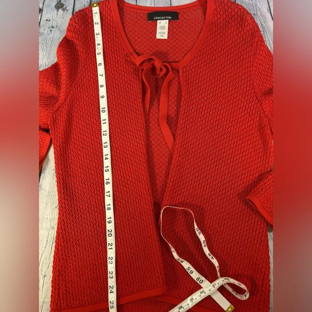 JONES NEW YORK Red Pointelle Textured Vest and Long Sleeve Tie Front Cardigan L